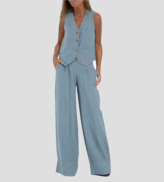 Elevate Your Style with the Aira Buttoned Vest and Wide-Leg Trousers Ensemble
